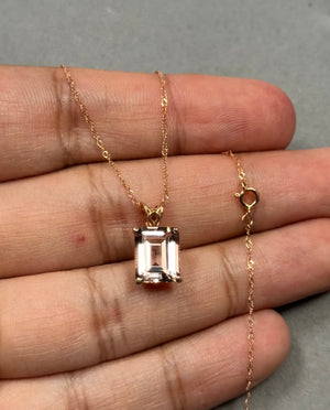14K Pink Gold Morganite Pendant – 2.65-3.23 Ct 10x8mm AAA Emerald-Cut Solitaire Scroll Necklace – Genuine Peach Pink Gemstone Jewelry Gift