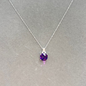 Elegant 1.58 Ct Cushion Checkerboard Amethyst Pendant with 0.04 Ct natural Diamonds in 14K White Gold. Intricate vintage-inspired filigree detailing, prong-set gemstone, and 18-inch Singapore chain create a sophisticated and timeless jewellery piece for women, perfect for layering or wearing solo to add violet sparkle and refined elegance to any outfit. 