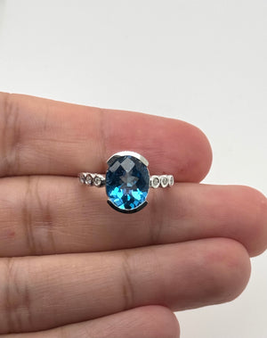 Swiss Blue Topaz Ring | 14K White Gold Oval Checkerboard — Statement Cocktail Jewelry Gift for Her Ring Size 6.5