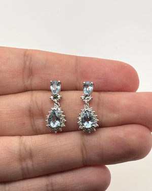 Aquamarine Diamond Earrings | 14K White Gold Pear Shape — March Birthstone Drop Gift for Her