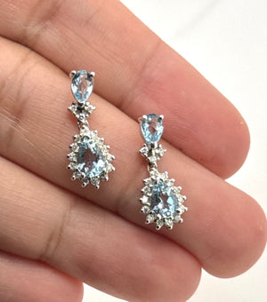 pear shaped aquamarine diamond earrings in 14k white gold drop style