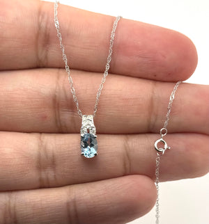 Aquamarine Diamond Pendant | 14K White Gold Oval Necklace — March Birthstone Gift for Her