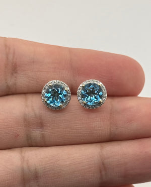 7mm Round Blue Topaz Diamond Earrings | 14K Yellow Gold Prong Set 0.10 Ct Diamonds