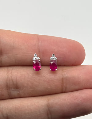 Ruby Earrings Oval | 18K White Gold Diamond Accent — Romantic Gift for Her