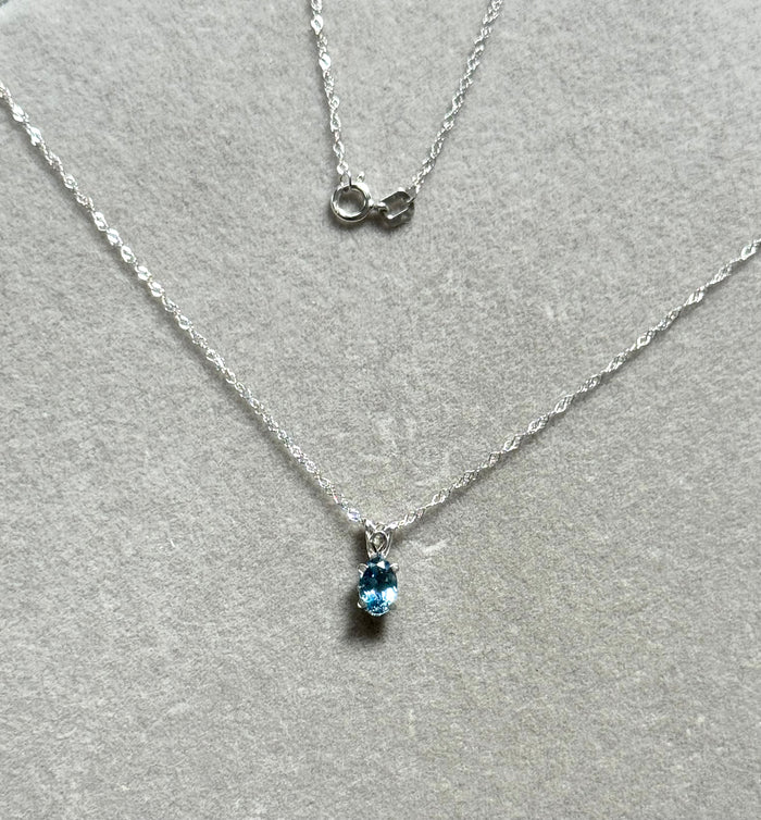 Heirloom Aquamarine Pendant – 0.50 Ct Oval 6x4 mm AAAA Aquamarine Scroll Necklace in Platinum with 18K White Gold Singapore Chain