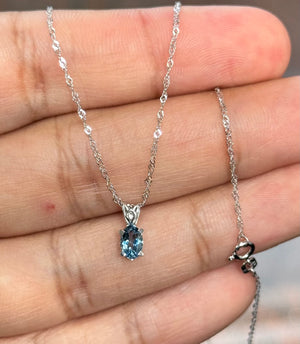 Heirloom Aquamarine Pendant – 0.50 Ct Oval 6x4 mm AAAA Aquamarine Scroll Necklace in Platinum with 18K White Gold Singapore Chain