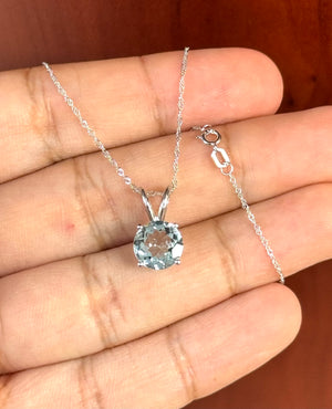 Aquamarine Solitaire Pendant – 2.10–2.75 Ct 9 mm AA Round Aquamarine Necklace in Platinum with 18K White Gold Chain