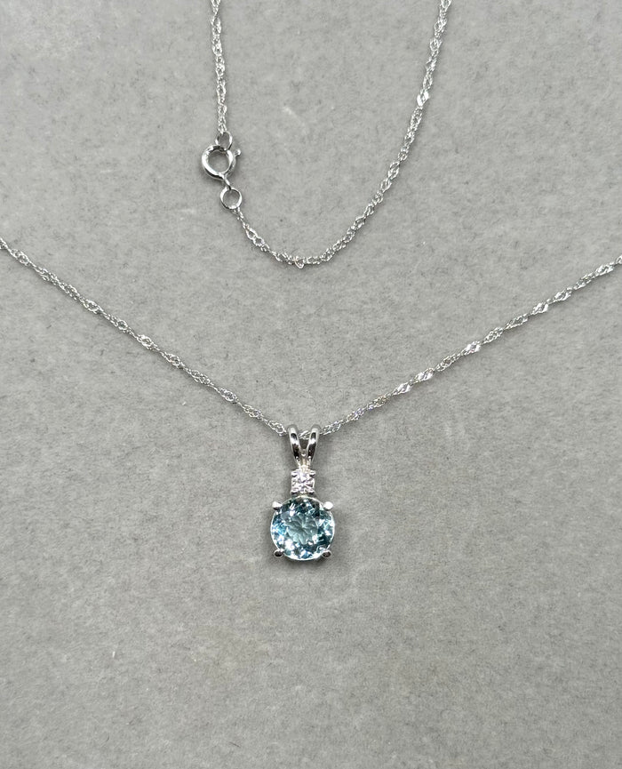0.95-1.62 Ct Round Aquamarine & Diamond Pendant in 14K White Gold – March Birthstone Necklace (7mm A Quality Gemstone)