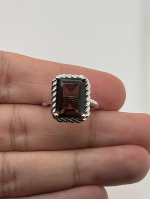 Smokey Quartz Ring | 14K White Gold Emerald Cut Solitaire — Statement Cocktail Jewelry Gift for Her Size 6.5