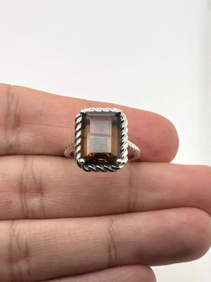 Smokey quartz ring 14K white gold emerald cut solitaire prong setting statement ring