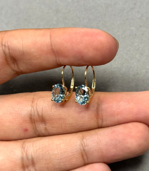Oval Aquamarine Stud Earrings | 8x6 mm AA Quality Scroll Lever Back in 14K Yellow Gold