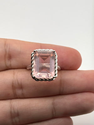 Rose Quartz Ring | 14K White Gold Emerald Cut — Romantic Statement Jewelry Gift Ring Size 6.5