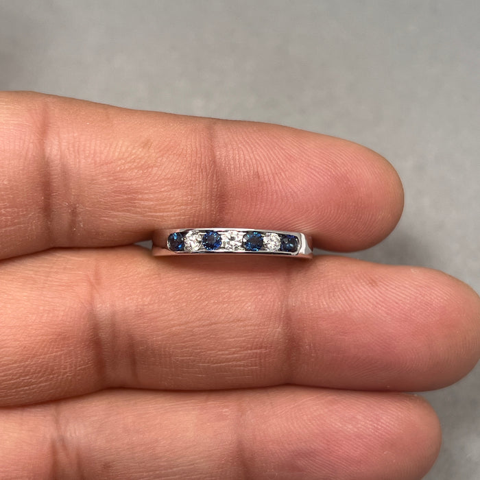 0.70 Ct Diamond & AAA Blue Sapphire Stackable Band in 14K White Gold | Channel-Set Gemstone Ring, Elegant Stackable Jewelry Size 8