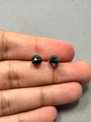 3.54 Ct EGL USA Certified AA Round Rose Cut Black Diamond Stud Earrings in 18K White Gold