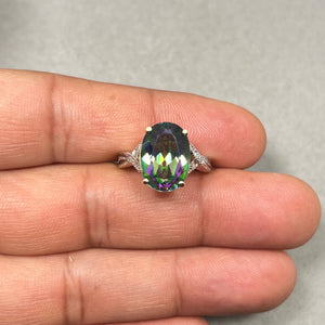 0.01 Ct Diamond & 6.24 Cts Mystic Fire Topaz Ring in 14K Yellow Gold | AAA Oval Topaz Solitaire Ring, Statement Jewelry Size 7.5