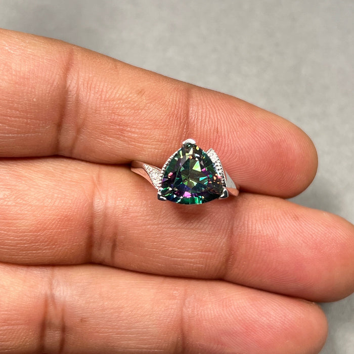 0.02 Ct Diamond & 3.37–4.66 Cts AAA Mystic Fire Topaz Ring in 14K White Gold | Elegant Solitaire Statement Ring for Women Size 6.5