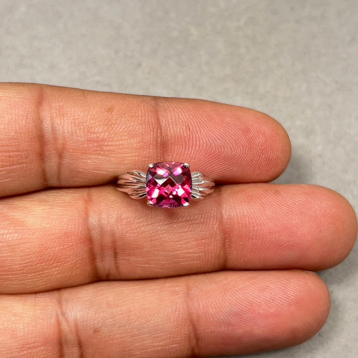 0.12 Ct Diamond & 8 mm AAA Cushion Checker Mystic Pink Topaz Solitaire Ring in 14K White Gold | Elegant Statement Ring Size 6