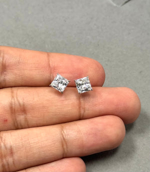Hearts & Arrows CZ Stud Earrings 10K White Gold • 6mm Ideal Cut Princess Cubic Zirconia • Dainty Diamond Alternative