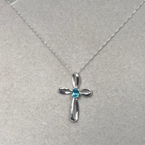 Cross Pendant - Blue Topaz Cross Pendant in 14K White Gold Dainty Jewelry