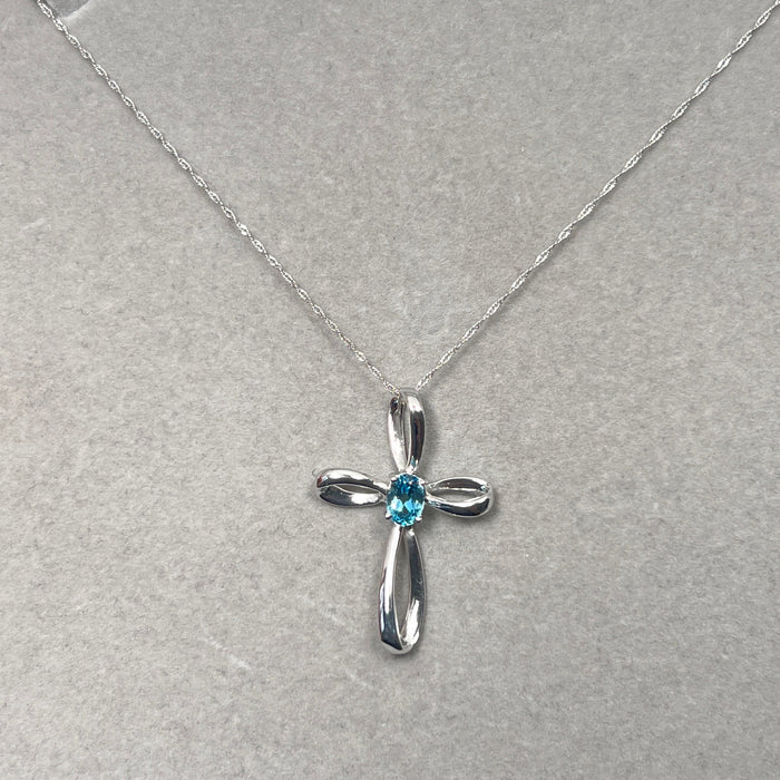Cross Pendant - Blue Topaz Cross Pendant in 14K White Gold Dainty Jewelry