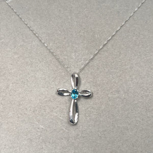 Cross Pendant - Blue Topaz Cross Pendant in 14K White Gold Dainty Jewelry