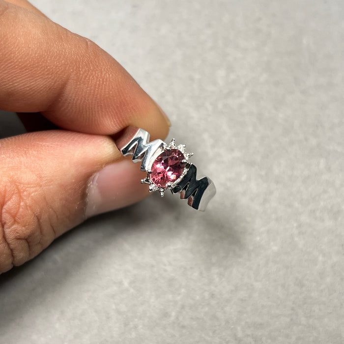 0.02 Cts Diamond & 0.71 Cts AAA Pink Tourmaline Mom Ring in 14K White Gold Size 10
