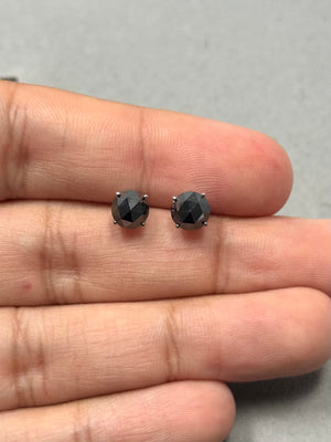 1.95–2.44 Cts AA Round Rose Cut Black Diamond Stud Earrings in 18K White Gold | Natural Black Diamond Solitaire Earrings