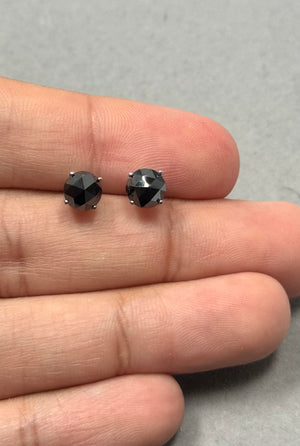 1.95–2.44 Cts AA Round Rose Cut Black Diamond Stud Earrings in 18K White Gold | Natural Black Diamond Solitaire Earrings