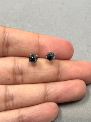 1.50 Cts AA Round Rose Cut Black Diamond Stud Earrings in 18K White Gold | 5.40–6.00 mm Solitaire Earrings