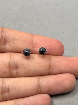 1.50 Cts AA Round Rose Cut Black Diamond Stud Earrings in 18K White Gold | 5.40–6.00 mm Solitaire Earrings