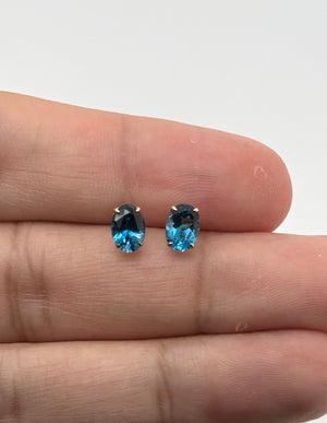 London Blue Topaz Stud Earrings 7x5mm Oval AAA | 14K Yellow Gold Solitaire Studs | December Birthstone Gift for Her Jewelry