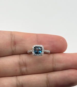 London Blue Topaz Ring Cushion Cut | 14K White Gold Diamond Accent Ring 0.89 Ct AAA | December Birthstone Gift for Her Ring size 5.5