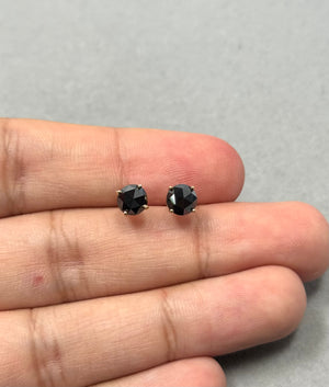 round rose cut black diamond stud earrings set in solid 18K yellow gold, featuring two AAA quality EGL USA certified diamonds with prong setting and push backs, showing elegant sparkle and refined craftsmanship for women. 