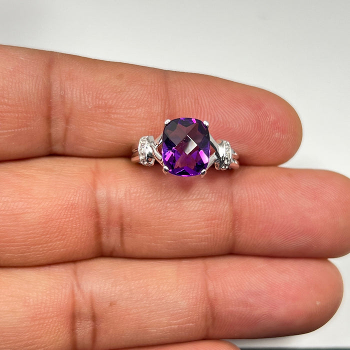 Amethyst & Diamond Ring | 1.98 Ct Cushion Checker AA Amethyst in 10K White Gold | February Birthstone Fine Jewelry Gift Ring