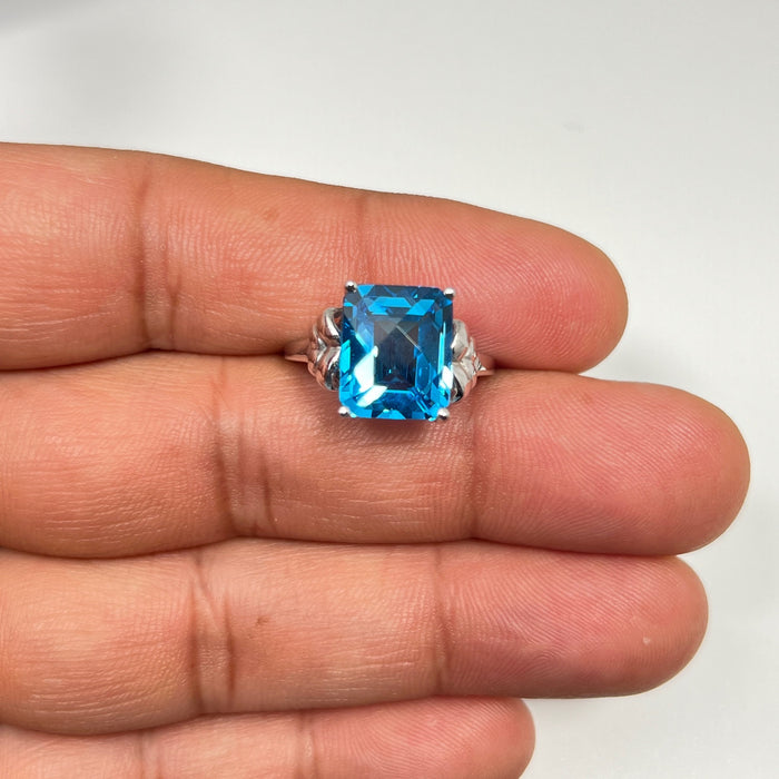 Swiss Blue Topaz Ring | 6.07 Ct AA Emerald Cut Checkered 12x10mm | 10K White Gold Fine Jewelry | Statement Blue Gemstone Gift Ring