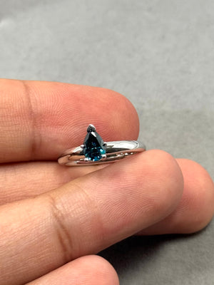 Teal Blue Diamond Solitaire Ring: 14K White Gold Pear Cut
