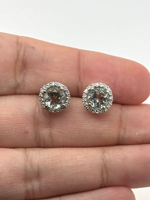 Green Amethyst Diamond Earrings | 18K White Gold Round Studs — 2.12 Ct Gemstone Jewelry