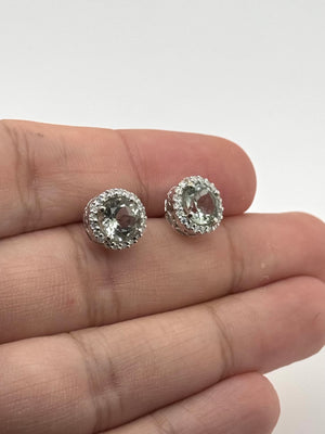 Green Amethyst Diamond Earrings | 18K White Gold Round Studs — 2.12 Ct Gemstone Jewelry