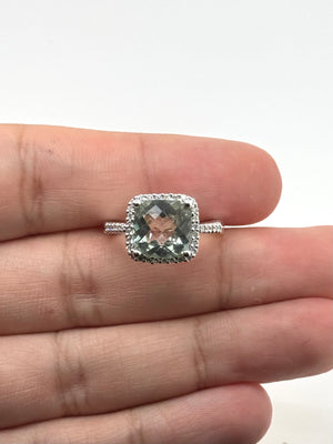 Green Amethyst Diamond Ring | 14K White Gold Cushion Cut — 3.67 Ct Statement Ring Size 7.5
