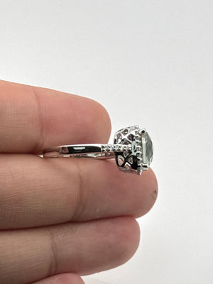 Green Amethyst Diamond Ring | 14K White Gold Cushion Cut — 3.67 Ct Statement Ring Size 7.5
