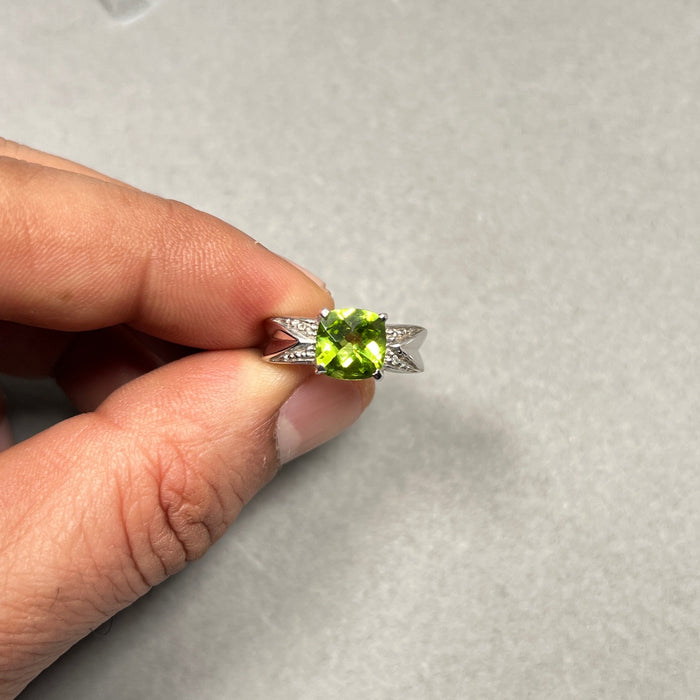 Peridot & Diamond Ring | 2.04 Ct Cushion Checker Peridot AA Quality | 10K White Gold Fine Jewelry | August Birthstone Gift Ring