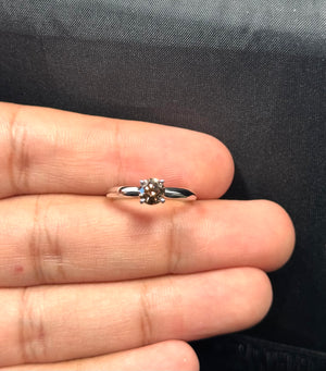 0.56 Ct round natural brown diamond solitaire ring in 14K white gold, prong set SI quality stone with 2.4 mm polished band and elegant minimalist design for women. 