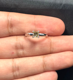 0.60 Ct princess cut natural brown diamond solitaire ring in solid 14K white gold, SI clarity stone in classic prong setting, slim 2.5–2.6 mm rhodium finished band, elegant women’s engagement or promise ring with warm earthy sparkle. 