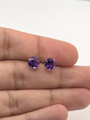 Amethyst Stud Earrings | 14K White Gold Round 7 mm — 2.15 Ct Purple Gemstone Studs