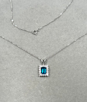 0.36 Ct Diamond & 1.03 Ct London Blue Topaz Cluster Pendant in 14K White Gold, Emerald Cut Topaz with Diamond Accents, 18” Chain