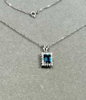 0.36 Ct Diamond & 1.03 Ct London Blue Topaz Cluster Pendant in 14K White Gold, Emerald Cut Topaz with Diamond Accents, 18” Chain