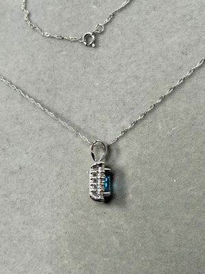 0.36 Ct Diamond & 1.03 Ct London Blue Topaz Cluster Pendant in 14K White Gold, Emerald Cut Topaz with Diamond Accents, 18” Chain