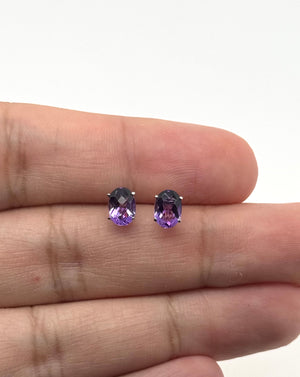 Amethyst Stud Earrings | 14K White Gold Oval Checker Cut — 1.40–1.51 Ct Purple Gemstone Studs