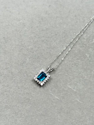 0.36 Ct Diamond & 1.03 Ct London Blue Topaz Cluster Pendant in 14K White Gold, Emerald Cut Topaz with Diamond Accents, 18” Chain