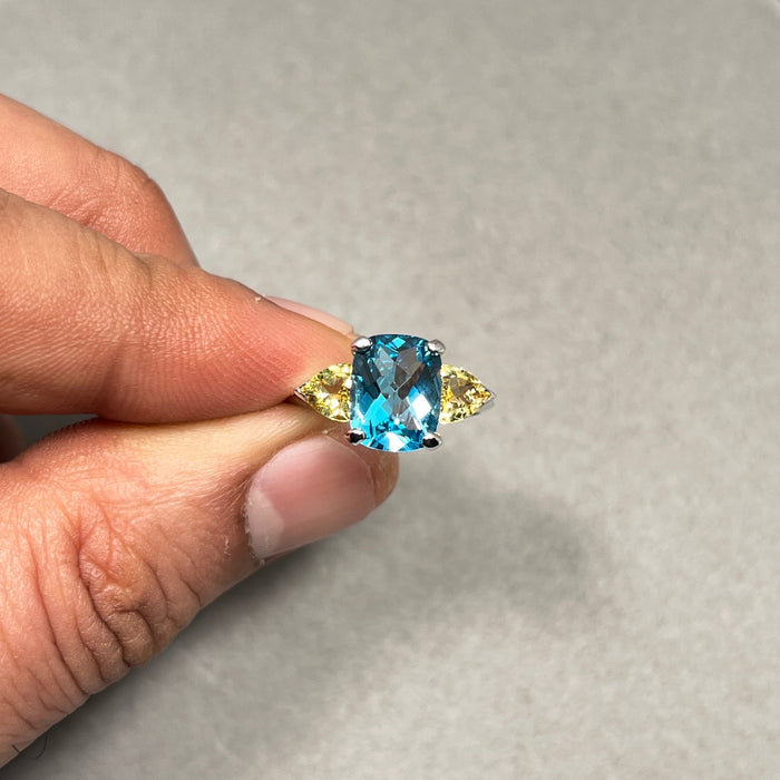 Swiss Blue Topaz & Yellow Aquamarine Ring | 4.05 Ct Three Stone AAA Gemstones | 14K White Gold Fine Jewelry | Gift Ring